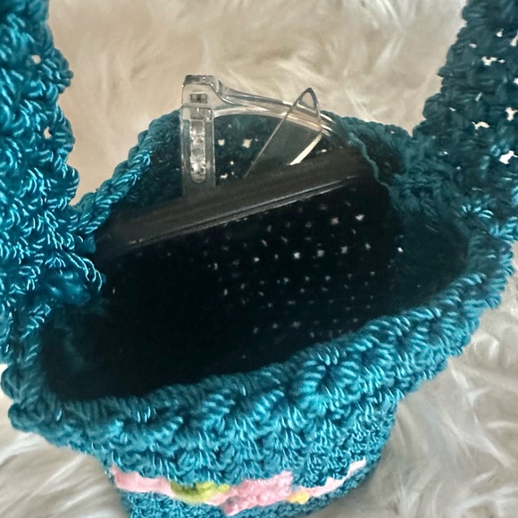 Hand Knits 2 Love Crochet Bag Teal Flowers Beads Designer Phone Cosmetic  Misc - Picture 6 of 6